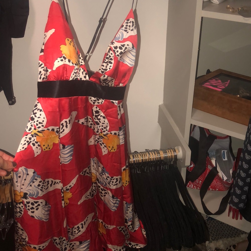 Red silk dress with black & white flower pattern
